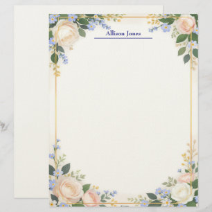 Cream and Blue Floral with Gold Frame Letterhead