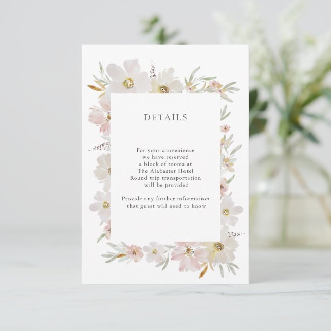 Cream and Blush Watercolor Flowers Details Enclosure Card (Standing Front)