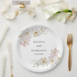 Cream and Blush Watercolor Flowers  Paper Plate
