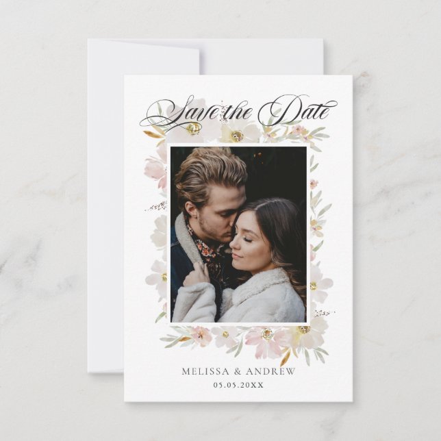 Cream and Blush Watercolor Flowers Save the Date (Front)