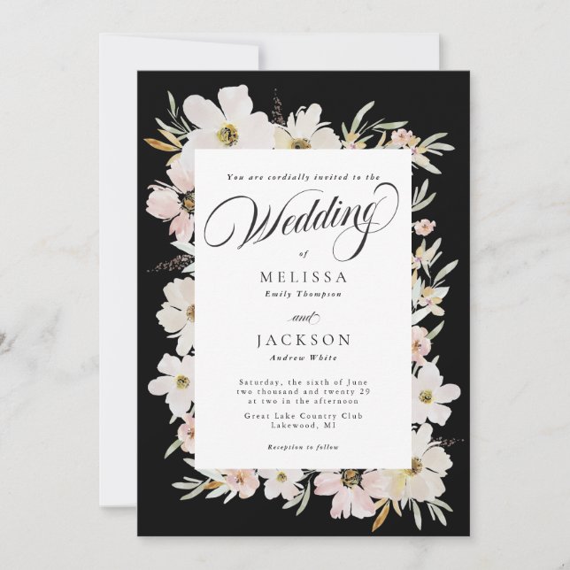 Cream and Blush Watercolor Flowers Wedding Black Invitation (Front)