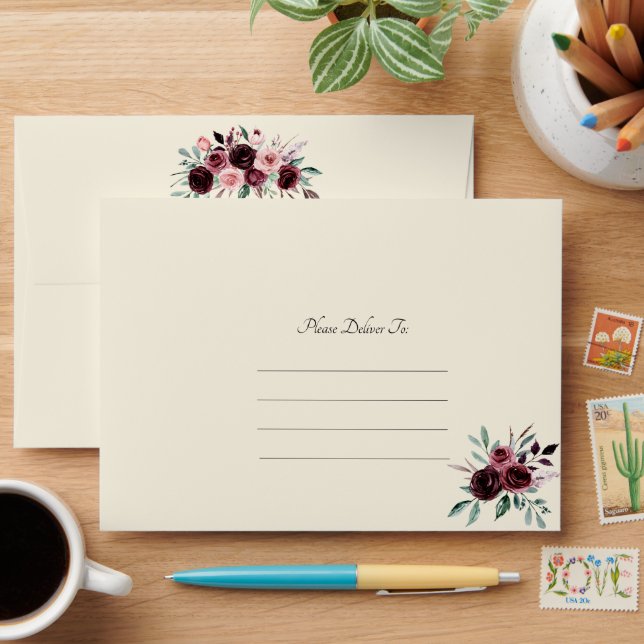 Cream and Burgundy Elegant Floral Wedding Envelope (Desk)