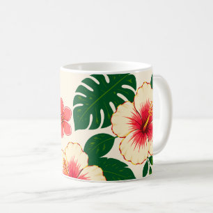 Cream and Coral Pink Flowers with Green Leaves Coffee Mug