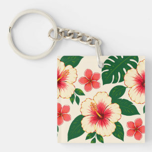 Cream and Coral Pink Flowers with Green Leaves Keychain