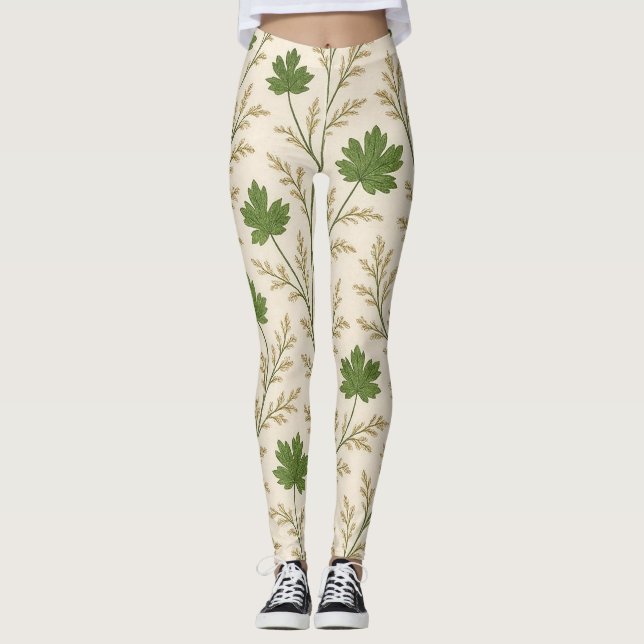 Cream and Dark Green Leaves Leggings (Front)
