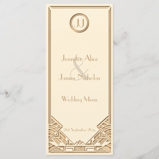 Cream and Gold Art Deco Gatsby Style Wedding Menu (Front)