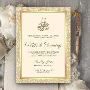 Cream and Gold Damask Islamic Mehndi Ceremony Invitation