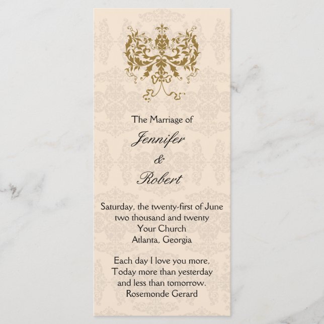 Cream and Gold Damask Wedding Program (Front)