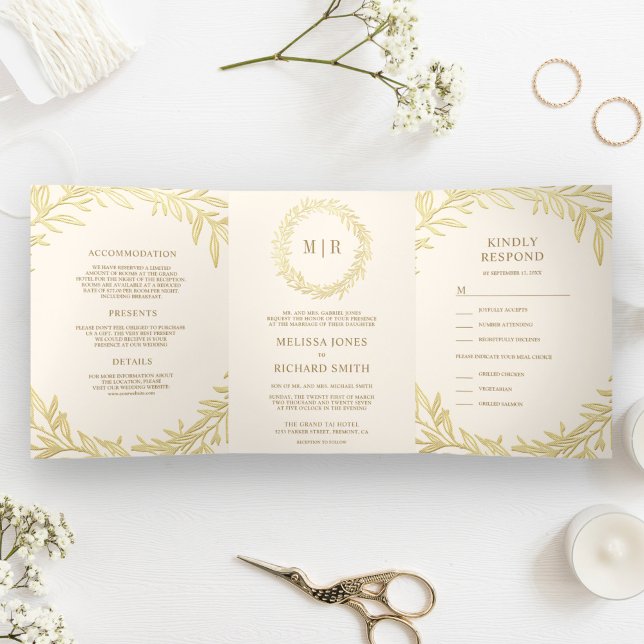 Cream and Gold Leaf Branch All in One Wedding Tri-Fold Invitation (Creator Uploaded)