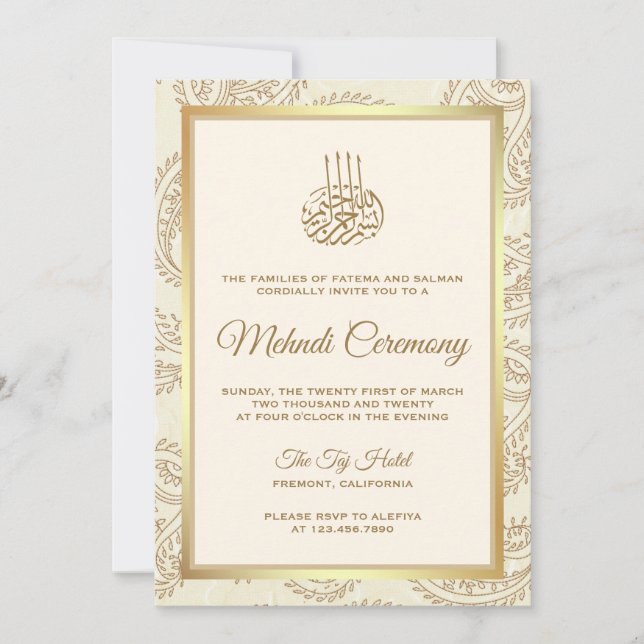 Cream and Gold Paisley Islamic Mehndi Ceremony Invitation (Front)