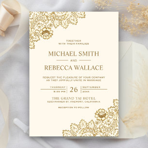 Cream and Gold Vintage Country Lace Wedding Invitation