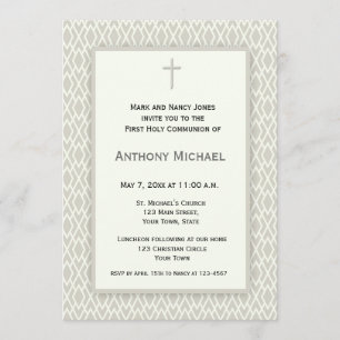 Cream and Grey Diamond Pattern First Communion Invitation