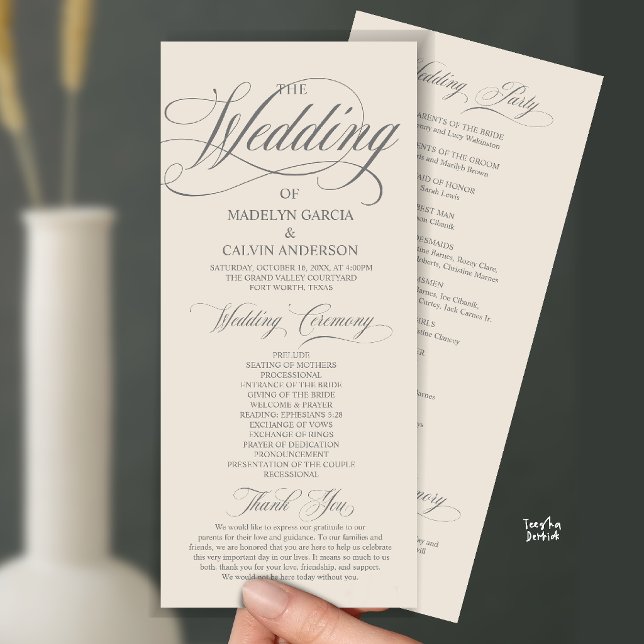 Cream and Grey Modern Script All In One Wedding Program (Modern Script All In One Wedding Program Card in cream and grey)