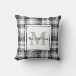 Cream and Heather Grey Plaid Family Name Throw Pillow