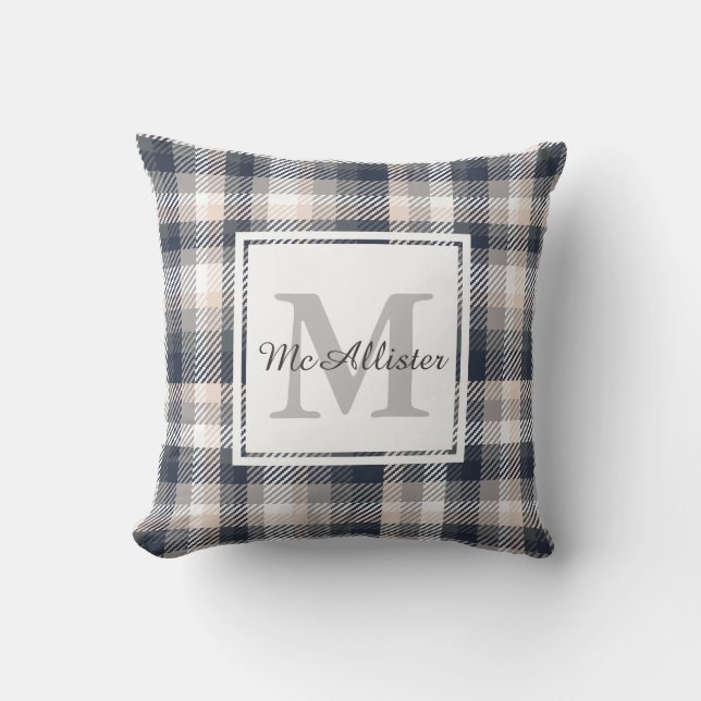 Cream and Heather Grey Plaid Family Name Throw Pillow (Front)