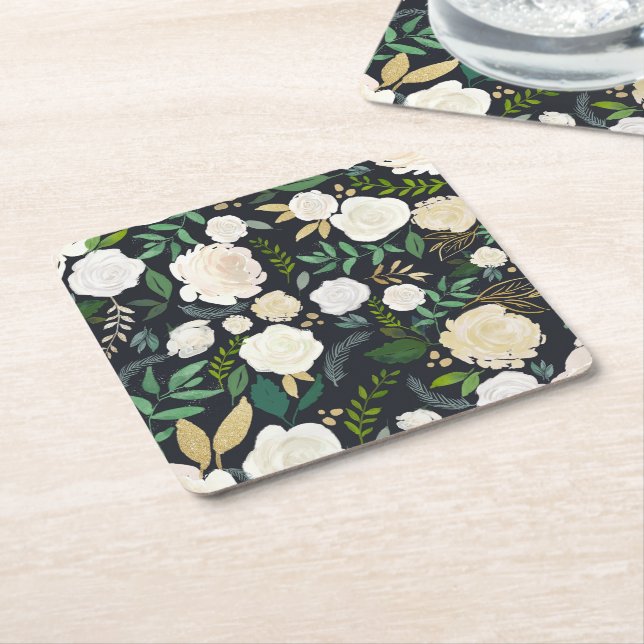 Cream and Ivory Floral Pattern with Glitter Black Square Paper Coaster (Angled)