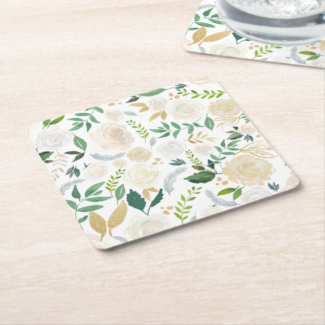 Cream and Ivory Floral Pattern with Glitter White Square Paper Coaster (Angled)