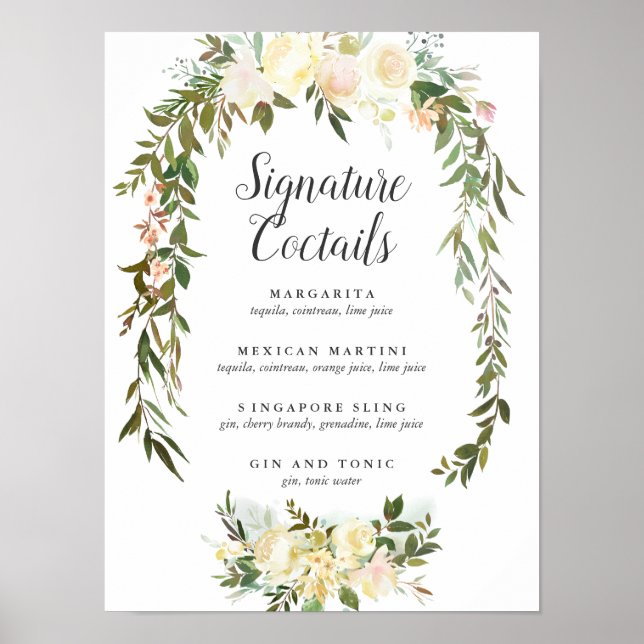 Cream and Ivory Floral Signature Cocktail Sign (Front)