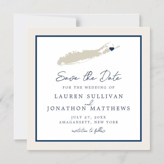 Cream and Navy Long Island NY Map Save the Date Magnetic Invitation (Front)
