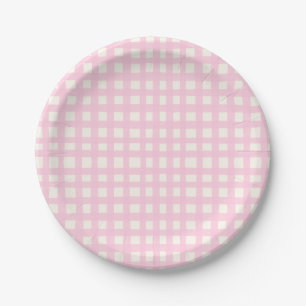 Cream and Pink Textured Imperfect Gingham Pattern Paper Plate