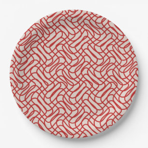 Cream And Red Abstract Line Pattern Paper Plate