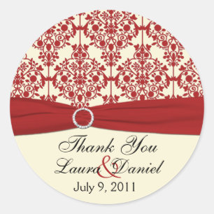 Cream and Red Damask 1.5" Thank You Sticker