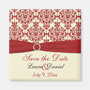 Cream and Red Damask Save the Date Magnet