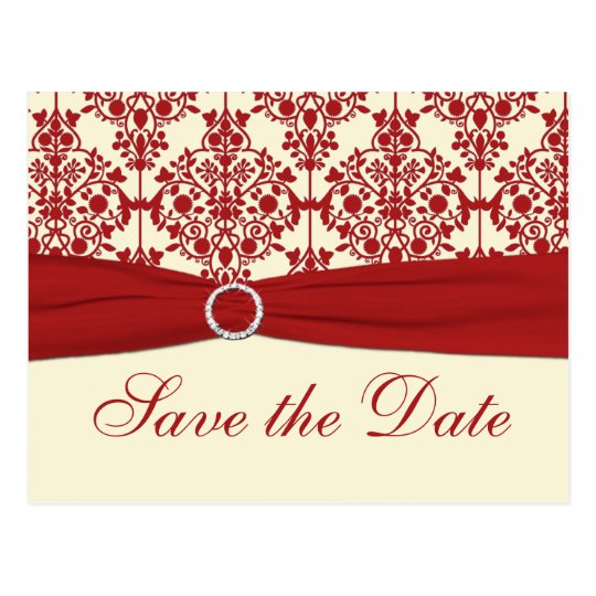 Cream and Red Damask Save the Date Postcard