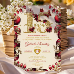 Cream and Red Golden Mis Quince 15 Quinceañera Invitation