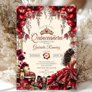 Cream and Red Golden Tiara Floral  Quinceañera Invitation