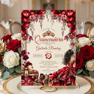 Cream and Red Golden Tiara Floral  Quinceañera Invitation