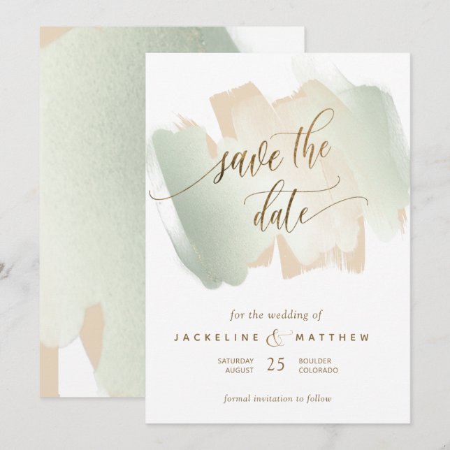 Cream and Sage Brush Strokes, Minimal Wedding Save Save The Date (Front/Back)