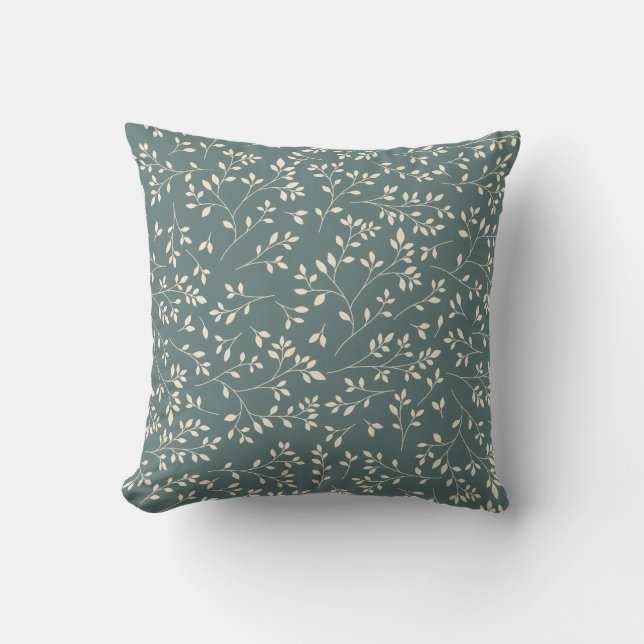 Cream and Sage Green Botanical Vine Pattern Throw Pillow (Front)