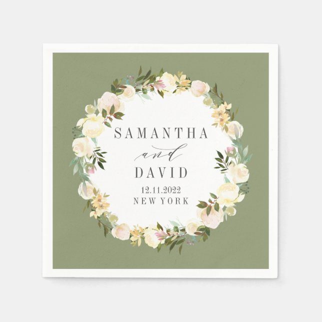 Cream and Sage Wedding floral personalized Napkin (Front)