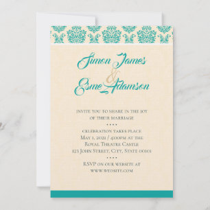 Cream and Teal Damask Wedding Invitation