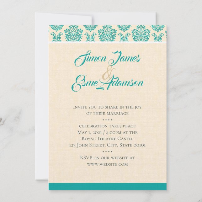 Cream and Teal Damask Wedding Invitation (Back)