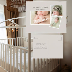 Cream Baby Photo Collage Birth Announcement Postcard