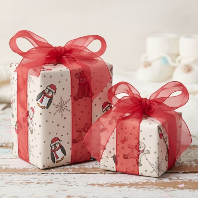 Cream Babys First Christmas Winter Animals Wrapping Paper (Cute Winter Stuffed Animals, Snowflakes, Polka Dots Pattern Gender Neutral Xmas Gift Wrap for Kids)