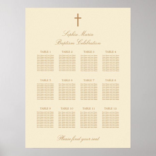 Cream Beige 12 Table Baptism Seating Chart Poster (Front)