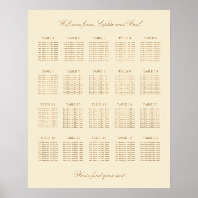 Cream Beige 20 Table Wedding Seating Chart Poster (Front)