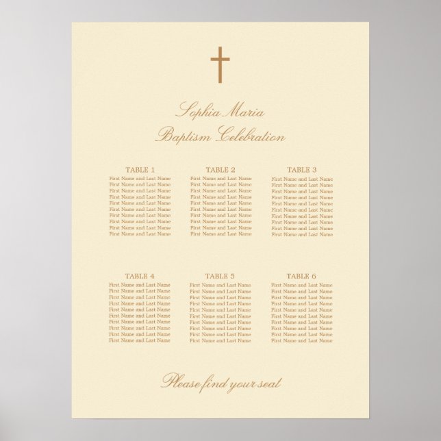 Cream Beige 6 Table Baptism Seating Chart Poster (Front)