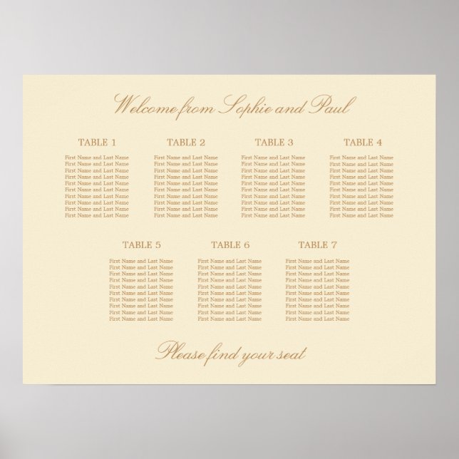 Cream Beige 7 Table Wedding Seating Chart Poster (Front)