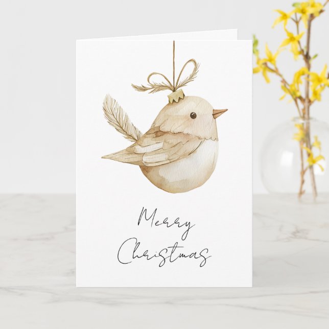 Cream Beige Bird Christmas Card (Yellow Flower)