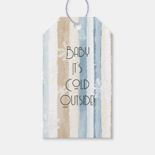 Cream Beige Blue Christmas Snowflakes Stripes Cold Gift Tags