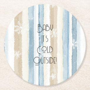 Cream Beige Blue Christmas Snowflakes Stripes Round Paper Coaster