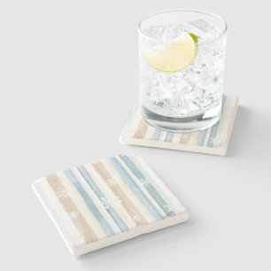 Cream Beige Blue Christmas Snowflakes Stripes Stone Coaster