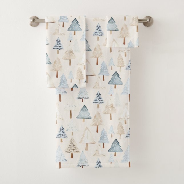 Cream Beige Blue Christmas Trees Bath Towel Set (Insitu)