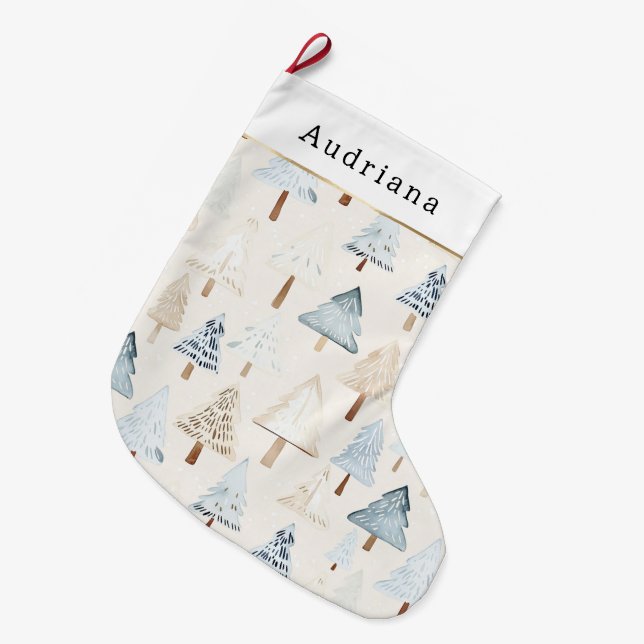 Cream Beige Blue Christmas Trees Large Christmas Stocking (Front (Hanging))