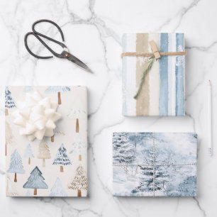 Cream Beige Blue Christmas Trees Winter Snow Wrapping Paper Sheet