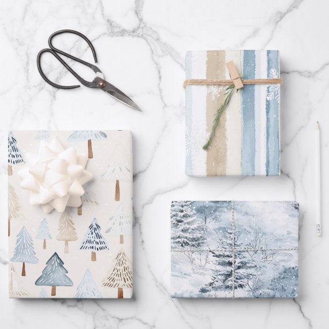 Cream Beige Blue Christmas Trees Winter Snow Wrapping Paper Sheet (Front)
